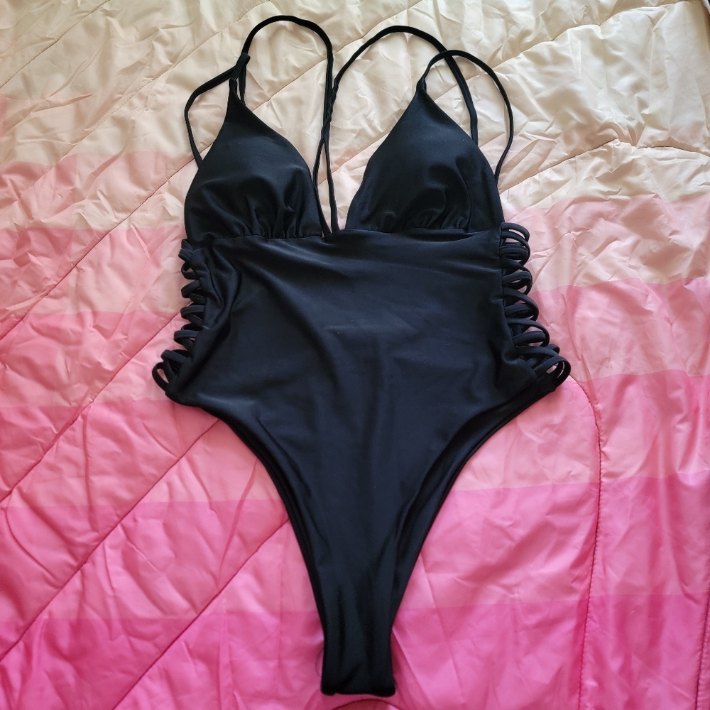 Black Strappy One-Piece Swimsuit